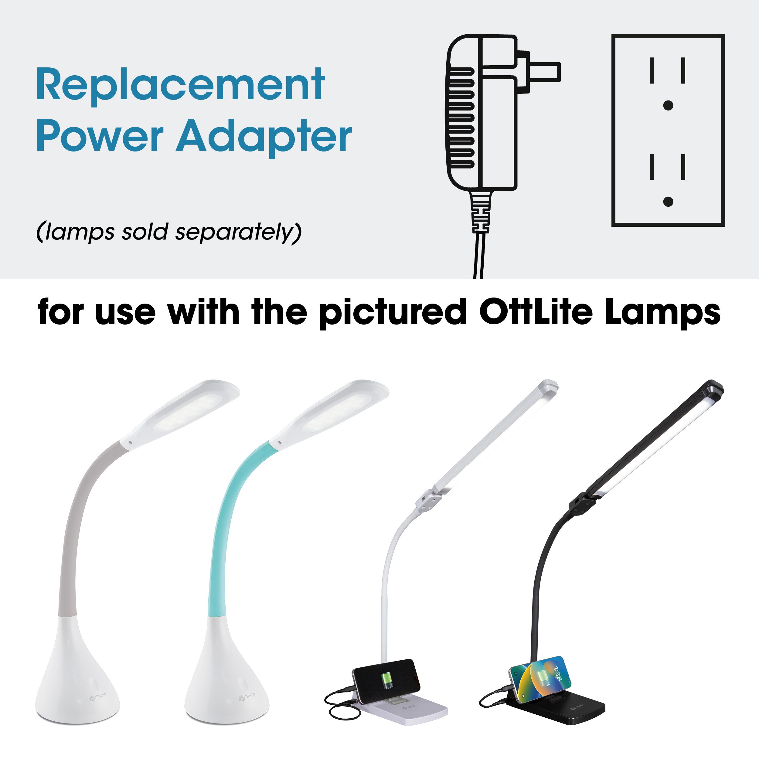 Adapter for OttLite Creative Curves with USB and Swivel LED Desk Lamp with USB Charging and Stand